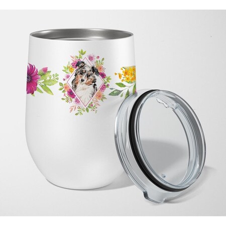 Carolines Treasures Carolines Treasures CK4267TBL12 12 oz Australian Shepherd Pink Flowers Stainless Steel Stemless Wine Glass CK4267TBL12